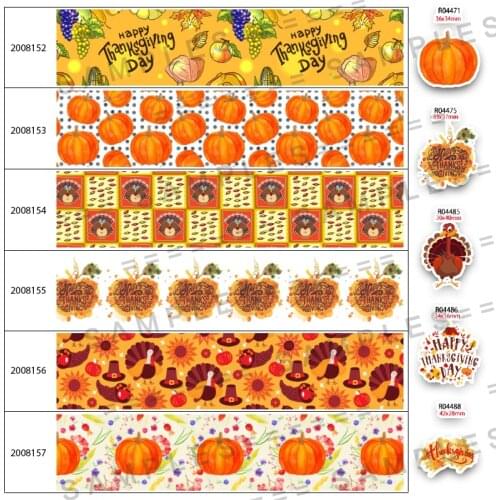 Thanksgiving Pumpkin Turkey Pattern Printed 30 Pcs Acrylic Resins 5 Yards Grosgrain/Satin Ribbon 25mm/38mm/50mm/75mm 200815