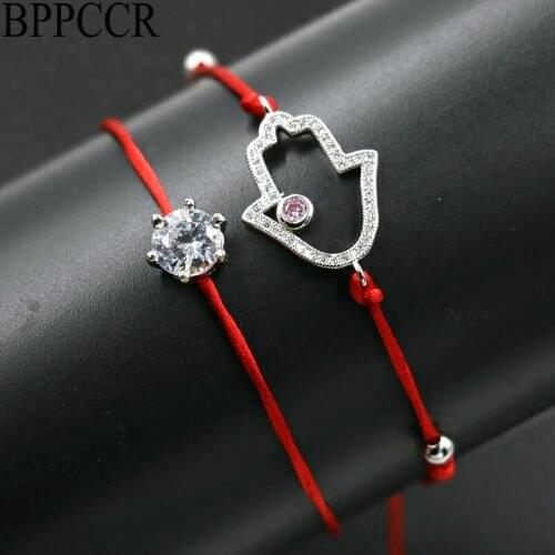 BPPCCR 2pcs/set Women Silver Color Rhinestones Crystals AAA Zircon Lucky Braided Bracelet Thin Red Rope Thread String Bracelets