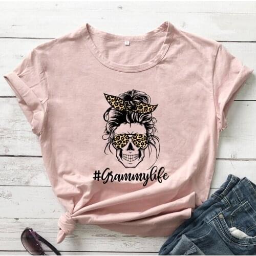 Leopard Skull Grammy Life T-shirt Funny Messy Bun Hair Grandma Tee Top Vintage Mothers Day Gift Tshirt
