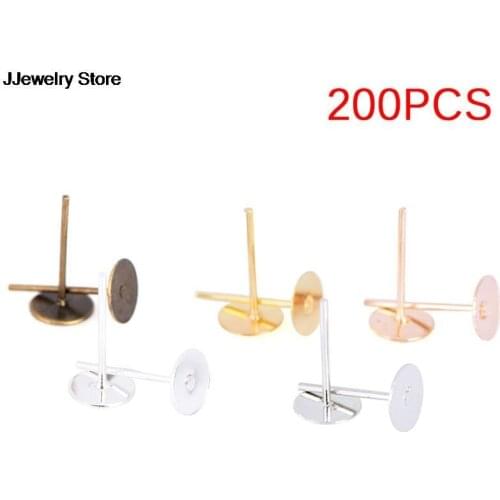 Hot 200pcs Stainless Steel Blank Post Earring Studs Pins Steel Color Flat Round Tray Base for Earring Jewelry Finding