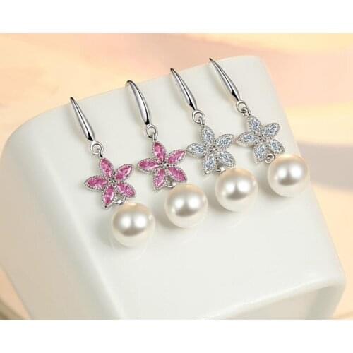 Exquisite Crystal Flower Drop Earrings Female Accessories Fashion Lady Silver 925 Pearl Earring For Women Jewelry Princess Bijou