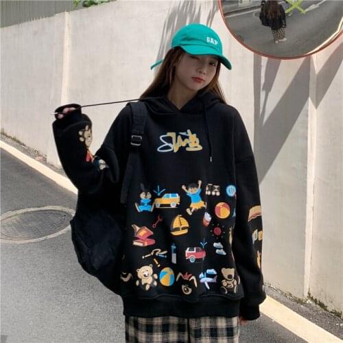 Korean Ins Cartoon Print Hooded Plus Velvet Womens Sweatshirts Bf Hip-hop Style 2020 Winter New Arrival Cute Hoodies For Women