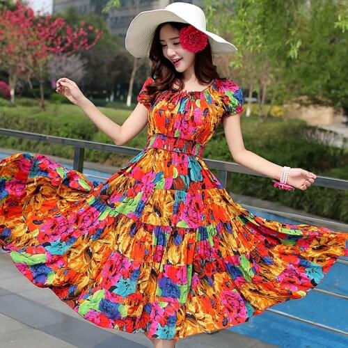 Summer Beach Dress Women Floral Print Boho Long Dress Casual O-Neck Slim Chiffon Dress Robe Femme