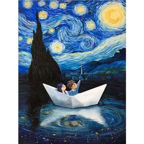 Boat Under the Stars Cartoon Diamond Painting Oil Scenic Round Full Drill Nouveaute DIY Mosaic Embroidery 5D Cross Stitch Gifts
