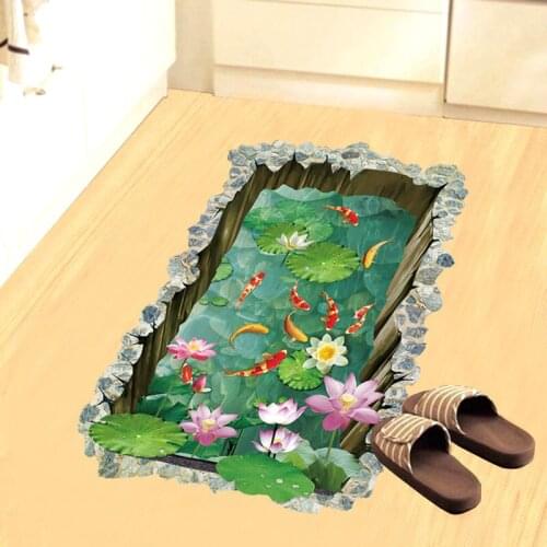 Fashion Fish Pond 3D Floor Stickers Beautiful Flowers Bathroom Bedroom Wall Sticker Creative Landscape Home Decor for Kids Room