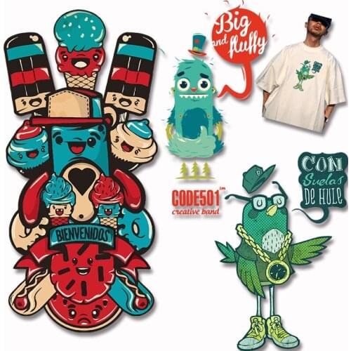 Cartoon bird dinosaur animal alphabet ice cream pattern Heat Vinyl Ironing Stickers Decor Patches for Clothing DIY T-shirt