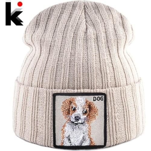 Beanie Hat With Cute Dog Embroidery Patch Womens Warm Knitted Skullies Beanies Men Autumn Winter Outdoor Casual Bonnet Gorras