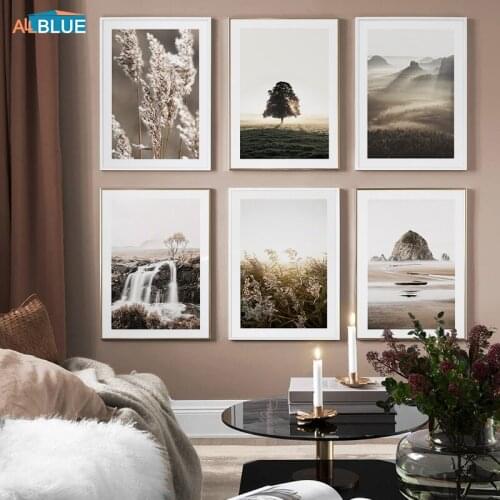Autumn Sundown Mountain Nordic Decoration Print Wall Decor Photography Nature Landscape Poster Art Canvas Painting Reeds Picture