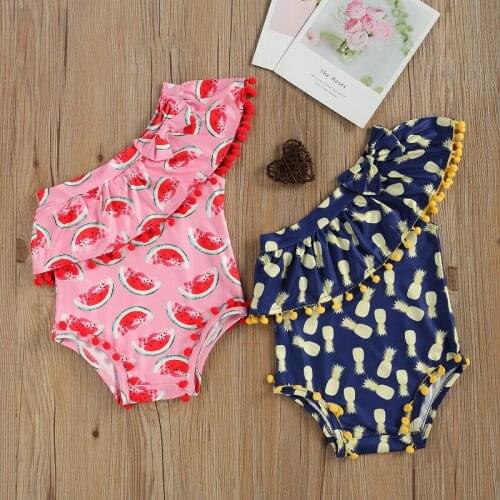 6M-5Y Kids Baby Girl One Shoulder Cape Collar Tassel Ball Swimming One Pieces Suit Beachwear Swimwear Bathing Suit
