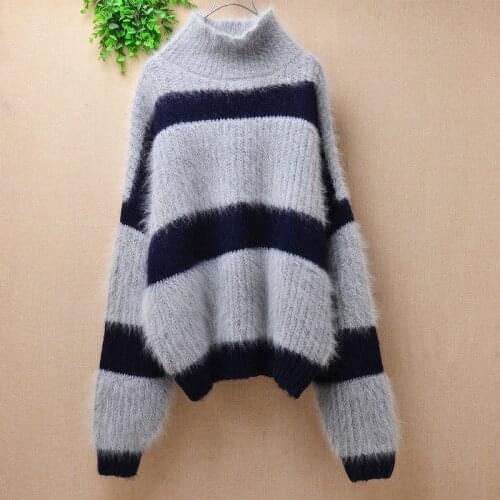 Female women autumn winter striped angora rabbit fur knitted long sleeve turtleneck loose oversized pullover jumper sweater pull