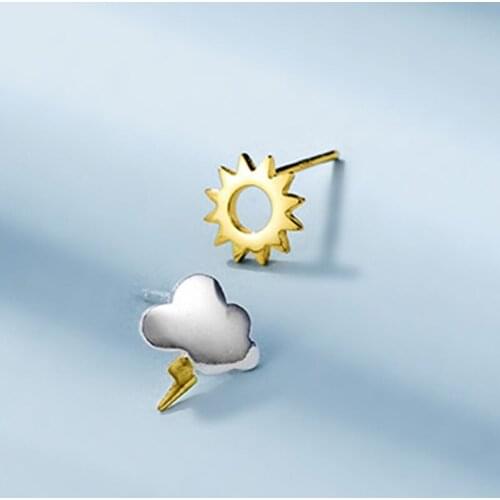 Real 925 Sterling Silver Asymmetry Sun Lightning Stud Earrings For Fashion Women Punk Fine Jewelry MInimalist Accessories