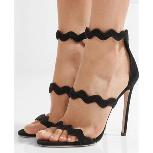 Rome Style Womens High-heel Sandals Sexy Black Suede Wave Gladiator Sandals Open-toe Back Zipper Cage Shoes Women Customized