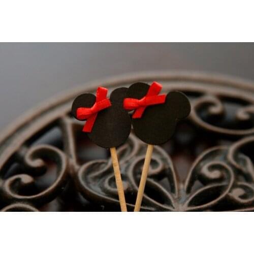 20pcs Mouse Cupcake Topper Red Ribbon ~ Food Pick Red Bow Tie birthday cake topper, girls first party