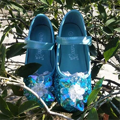 Children Party Leather Shoes Girls PU Low Heel Rhinestone Flower Kids Shoes For Girls Single Shoes Dance Dress shoe Sliver Pink