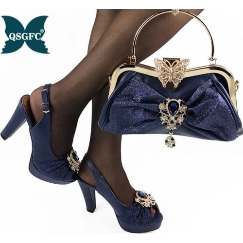 Dark Blue African Woman Sandals Shoe With Purse Set Italian design High Quality And Bag Set with Shinning Ctystal For Wedding