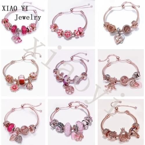 XIAOYI 2020 Autumn new S925 pink fan glass pull adjustable bracelet daisy peach blossom butterfly love dream wedding DIY jewelry