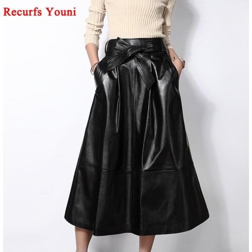Chic Roupas Women Spring Luxury Genuine Leather Long Maxi Skirt Female Expansion Bottom Pocket Belt Bow Black Faldas Mujer Jupe