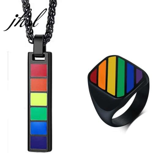 Jewelry Sets for Men Lover Black Pendant Necklace Rings for Man Gays Stainless Steel Colorful Rainbow Party Gift