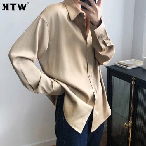 New Spring Autumn Women Long Sleeves Satin Blouse Vintage Loose Turn Down Collar Tops 2021 Elegant Solid Office White Blouses