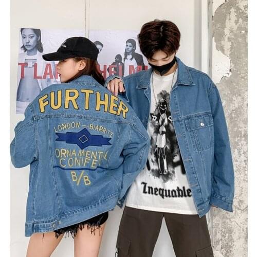 Lovers Embroidery Denim Jacket Women blue Wash Long Sleeve denim jacket Women denim jacket street Loose bomber jacket Denim Coat