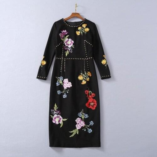 European and American womens clothes will be new styles in spring 2021 Long-sleeved flower embroidered beaded fashion dress