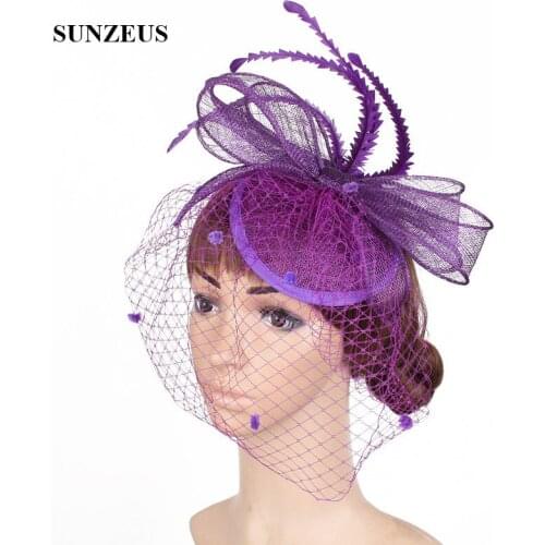 Purple Line Wedding Hat with Feathers Fascinators Wedding Accessories with Face Veil accessories mariage SH92