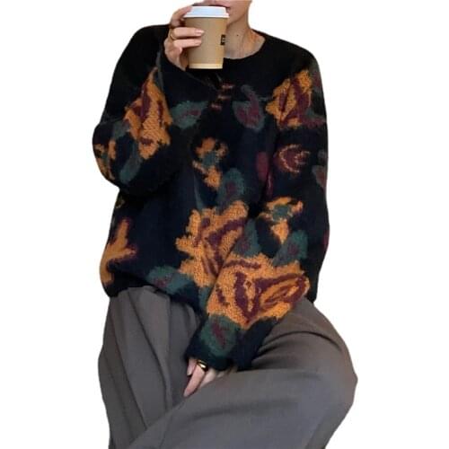 Women Fashion Flower Print Vintage Sweater New Fall Long Sleeve O Neck Soft Mohair Knit Pullover Top Loose Casual Thick Knitwear