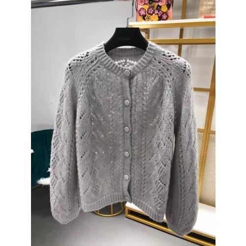 Top Version Women Mohair Wool Knit Hollow Out Jumper - Fall/Winter 2019 New Khaki/White/Red/Grey Knitted Sweater Cardigan Top