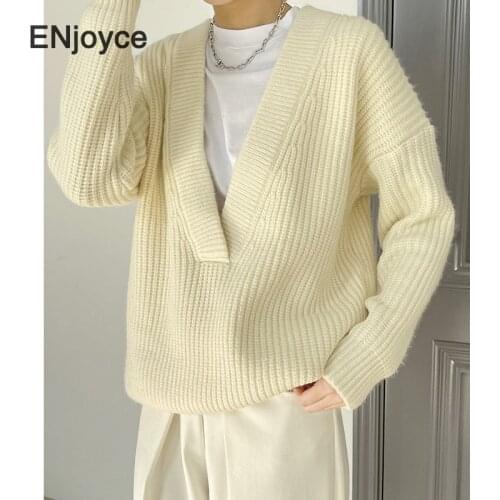 Woman Sweater Big V Neck Long Sleeve Fleece Pullovers Sweater Women 2021 Spring Fashion Knitted Korean Style Elegant Clothing