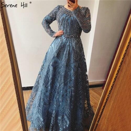 Serene Hill Dubai Luxury Long Sleeves Evening Dress 2020 Navy Blue O-Neck Crystal Formal Party Gown Design Plus Size CLA60900