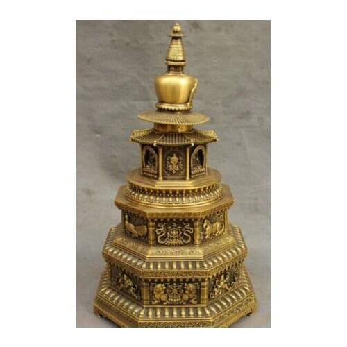 16" Tibet Buddhist Pure Bronze 8 Auspicious Symbol Statue Pagoda Stupa Tope Set