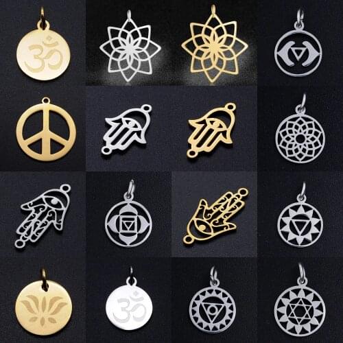 5pcs/lot 7 Chakra DIY Charms Wholesale 100% Stainless Steel Yoga Lotus Connectors Charm Hamsa Hand Om Jewelry Necklace Pendant
