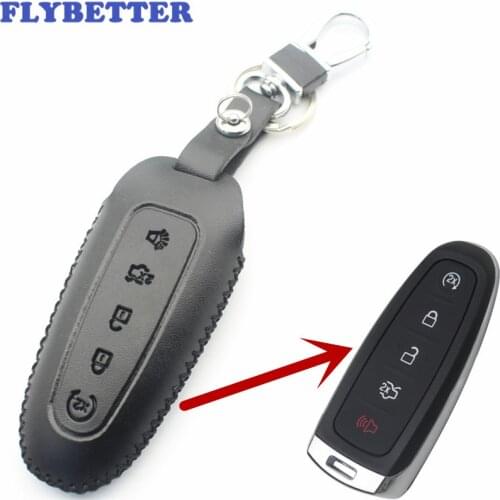FLYBETTER Genuine Leather 5Button Smart Key Case Cover For Ford Edge/Explorer/Escape/Flex Car Styling L36