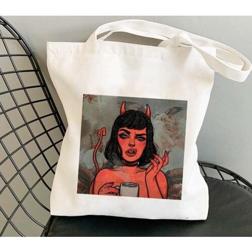 Angel and Devil Print Shopping Canvas Tote Bag Harajuku Aesthetic Reusable Shopper Shoulder Bag Handbag Student Book Bags