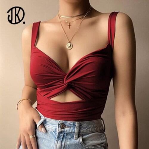 JK-UniQue Sexy Cross Knot Women V Neck Tee Hollow Out Cut Bustier Camisole 2021 New Push Up Fitness Corset Tank Top Vest Bodycon
