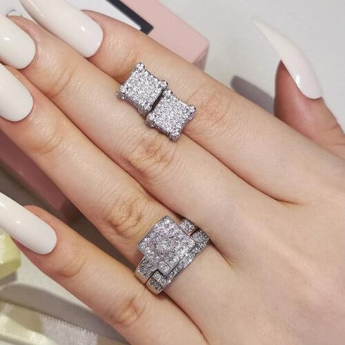 2pcs Pack 925 Sterling Silver Jewelry Set Halo Engagement Ring Round Stud Earring For Wedding Gift Christmas J6309