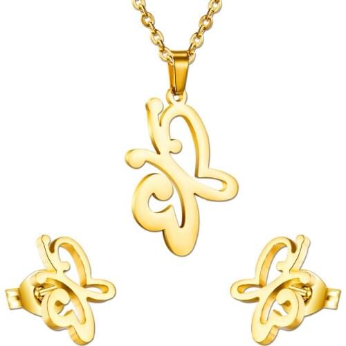 LUXUKISSKIDS New Fashion Butterfly Flowers Stainless Steel Jewellery Sets Gold Color Wedding Bridal Jewelry Sets collier femme