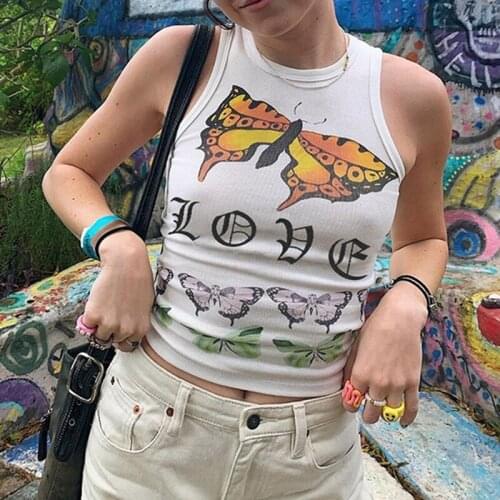 Retro Butterfly Tank Tops Sleeveless Slim Fit Mini Vest y2k Aesthetic 90s Vintage Crop Top Women White Basic Casual Sweat Tee