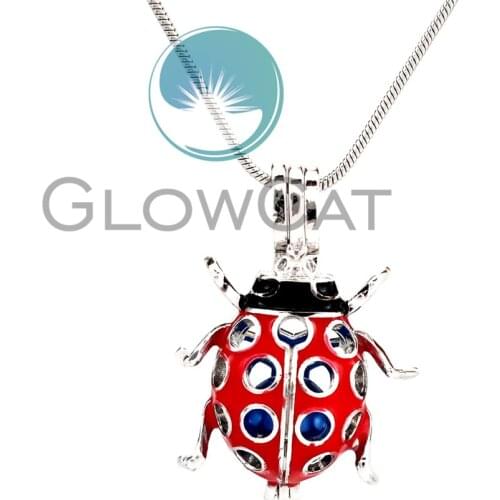KK817 Copper Red Ladybug Locket Pendant Essential Oil Diffuser Oyster Pearl Cage Snake Chains Locket Necklace