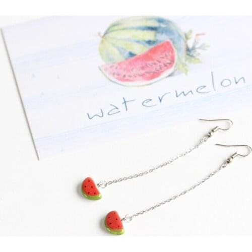 Korean Style Cute Fashion Long Ceramic Earrings for Women Ear Drop Dangle Earrings with Watermelon Lemon Pattern 100% Handmade