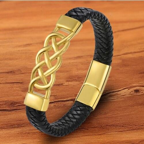 Fashion Charm Magnet Braided Rope Gloden Stainless Steel Black Leather Men Bracelet Chain Bangles Jewelry Wholesale Accessoris