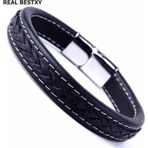 REAL BESTXY Promotion men bracelet bangle leather jewelry stainless steel clasp fashion accessories wholesale
