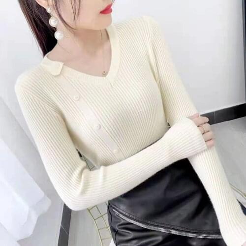 2021 Autumn and Winter Knit Sweater V-neck Long Sleeve Sweater Women Slim Pullover Female Casual Bottoming Shirt New Chic 15826