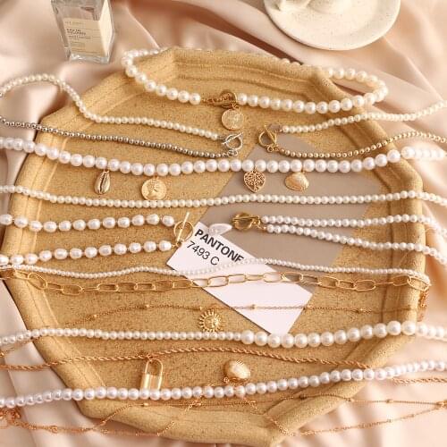 Vienkim Vintage Style Simple Pearl Chain Choker Necklace For Women Wedding Love Shell Pendant Necklace Fashion Jewelry 2021