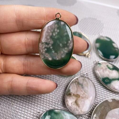 1Pcs Natural Stone Pendant Section Egg-shaped Green Agates Bordure Pendant For Jewelry Making DIY Necklace Earrings Accessory