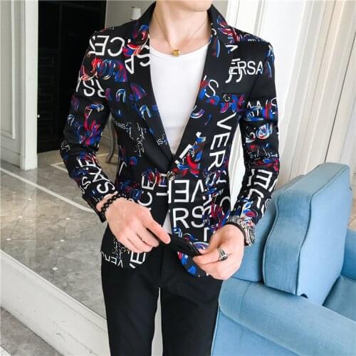 Full Letter Print Blazers Men Slim Business Casual Suit Jacket Korean Wedding Social Office Dress Coat Streetwear Costume Homme