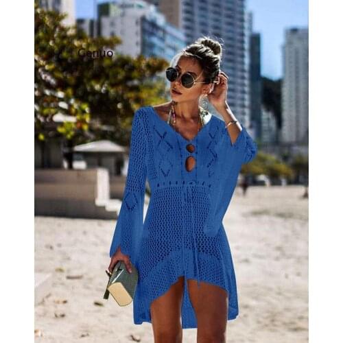 Sexy Crochet Knitted Beach Cover Up Tassel Tie Beachwear Tunic Long Pareos Summer Swimsuit See-Through Beach Dress Bikini