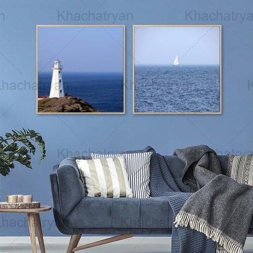 To The Lighthouse Home Decoration Poster White Sailing Boat On The Vast Sea Living Room Wall Canvas Painting Beach Sea Waves