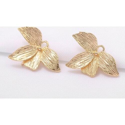 14K Gold Plated Leaf Pendant Accessories For Earrings 2 Ring Connector Charms For Jewelry Making Components
