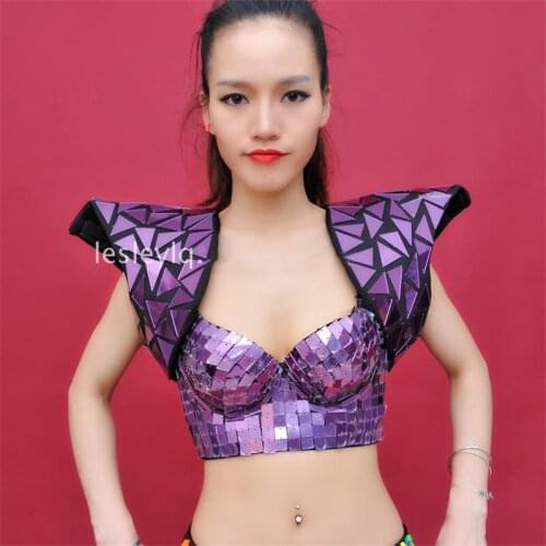 RE45 Party mirror costumes singer stage wears purple shoulder dj dance costumes robot women suit performance dress sexy bra set